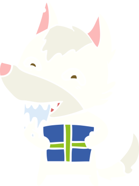 Düz renkli çizgi film aç kurt bir insan tarafından çizilmiş Noel hediyesini taşıyor.