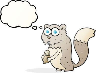 Serbest çizim düşünce balonu karikatürü kızgın sincap ve bir insan tarafından çizilmiş fındık