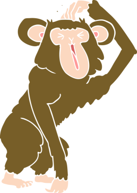 Bir insan tarafından çizilmiş düz renkli şempanze çizimi.