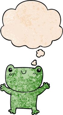 Bir insan tarafından çizilmiş grunge desenli düşünce baloncuğu olan çizgi film kurbağası.