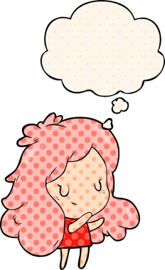 Bir insan tarafından çizilmiş çizgi roman tarzı düşünce baloncuğu olan çizgi film kızı.