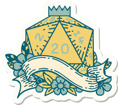 Bir insan tarafından çizilmiş 20 D20 zarının çıkartması.