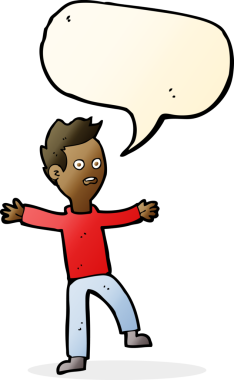 Bir insan tarafından çizilmiş konuşma balonuyla ürkmüş bir çocuk.