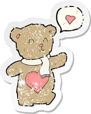 Bir insan tarafından çizilmiş sevgi dolu bir kalbi olan sevimli bir ayının karikatür yapıştırması.