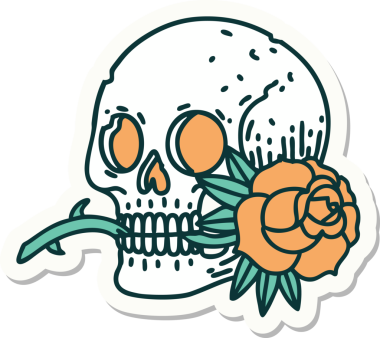 Geleneksel kafatası stili dövme çıkartması ve bir insan tarafından çizilmiş gül.