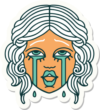 Geleneksel stil dövme çıkartması. Bir insan tarafından çizilmiş çok mutlu, ağlayan bir kadın yüzü.