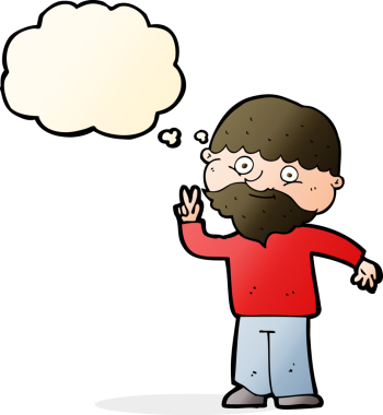 Bir insan tarafından çizilmiş düşünce baloncuğuyla barış işareti yapan çizgi film adamı.