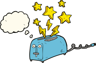 Bir insan tarafından çizilmiş düşünce baloncuklu kıvılcımlı çizgi film tost makinesi.