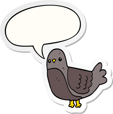 Bir insan tarafından çizilmiş baloncuk çıkartmalı çizgi film kuşu.