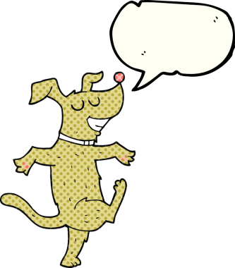 Bir insan tarafından çizilmiş serbest çizilmiş çizgi roman konuşma balonu dans eden köpek.