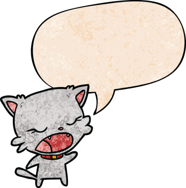 Tatlı çizgi film kedisi konuşma baloncuğuyla insan tarafından çizilmiş eski moda dokularla konuşuyor.