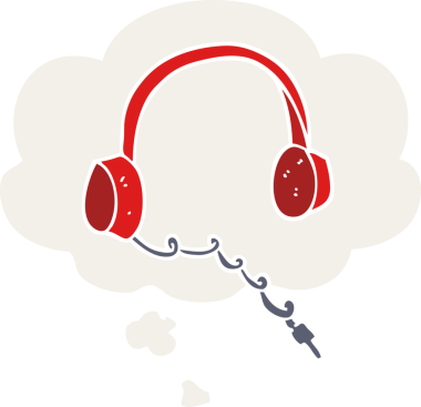 Düşünce baloncuklu çizgi film kulaklıkları bir insan tarafından çizilmiş.