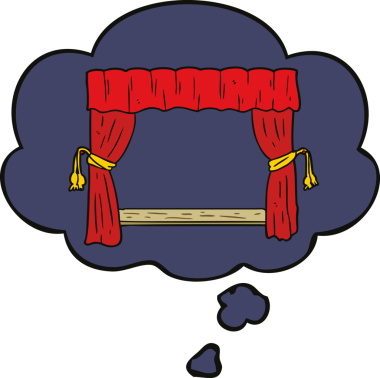 Bir insan tarafından çizilmiş düşünce baloncuğu ile perdeleri açın.