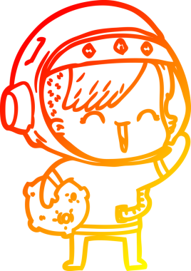 Bir insan tarafından çizilmiş ay taşı tutan mutlu bir uzay kızının çizgi çizimi.