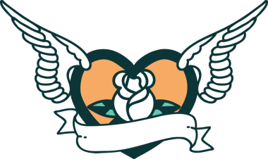 Bir insan tarafından çizilmiş çiçek ve bayrak ile uçan bir kalbin ikonik dövme görüntüsü