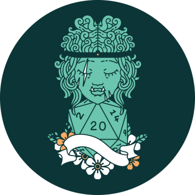 Yarı ork barbar karakter simgesi. Bir insan tarafından çizilmiş doğal yirmi zar.