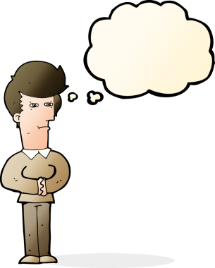 Bir insan tarafından çizilmiş düşünce baloncuğuyla gözlerini kısarak bakan çizgi film adamı.