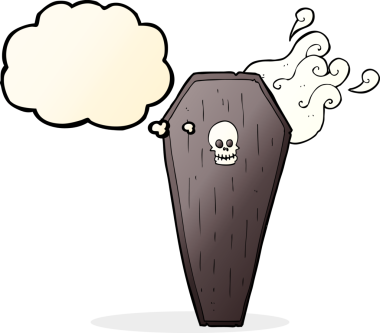 Bir insan tarafından çizilmiş düşünce baloncuklu ürkütücü karikatür tabut.