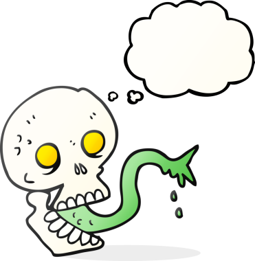 Serbest çizilmiş düşünce balonu karikatürü. Bir insan tarafından çizilmiş ürkütücü cadılar bayramı kafatası.