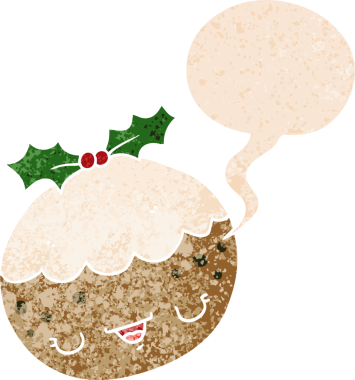 Hoş bir karikatür noel pudingi, konuşma baloncuğu ve grunge dertli retro stili bir insan tarafından çizilmiş.