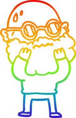 Bir insan tarafından çizilmiş sakallı ve gözlüklü endişeli bir çizgi film çizimi.