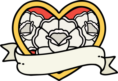 Geleneksel kalp şeklinde dövme ve bir insan tarafından çizilmiş çiçekli pankart.