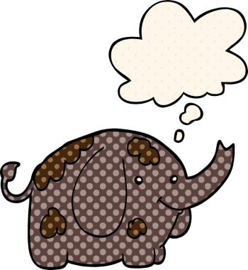 Bir insan tarafından çizilmiş çizgi roman tarzında düşünce baloncuğu olan bir fil.