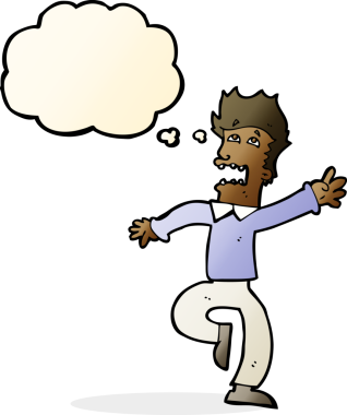 Bir insan tarafından çizilen düşünce baloncuğuyla panikleyen çizgi film adamı.