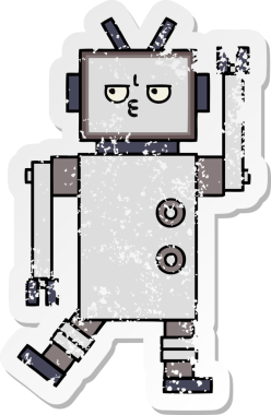 Bir insan tarafından çizilmiş sevimli bir robot çizgi film çıkartması.