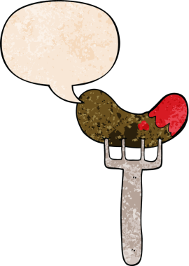 Çizgi film sosisi çatal üzerinde konuşma baloncuğu ile retro doku şeklinde bir insan tarafından çizilmiş.