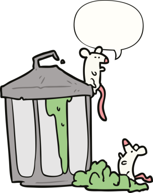 Bir insan tarafından çizilmiş, üzerinde konuşma kabarcığı olan eski bir metal çöp tenekesi.