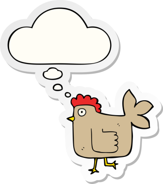 Düşünce baloncuklu çizgi film tavuğu insan tarafından çizilmiş bir çıkartma gibi.