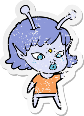 Bir insan tarafından çizilmiş güzel uzaylı bir kızın sıkıntılı çıkartması.