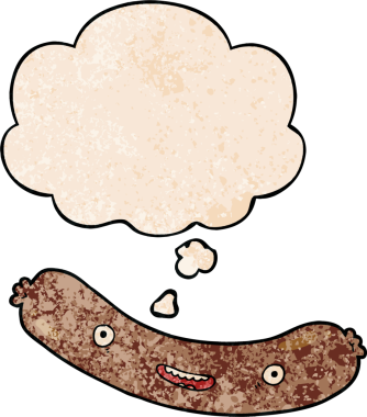 Düşünce baloncuklu çizgi film sosisi. Bir insan tarafından çizilmiş grunge desen tarzı.