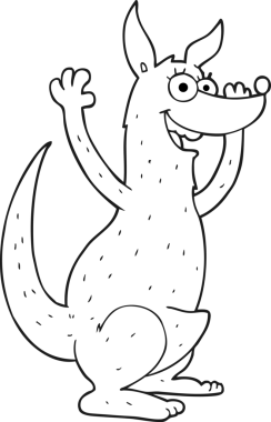 Bir insan tarafından çizilmiş siyah beyaz çizgi film kangurusu.