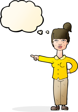 Bir insan tarafından çizilmiş düşünce balonuyla işaret eden çizgi film kadını.