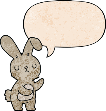 Konuşma baloncuğu olan sevimli çizgi film tavşanı insan tarafından çizilmiş.