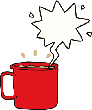 Bir insan tarafından çizilmiş konuşma balonlu bir kahve fincanı.