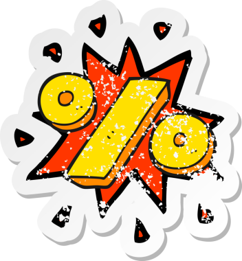 Bir insan tarafından çizilmiş bir çizgi film yüzde sembolünün gerilemiş retro etiketi