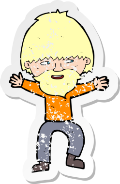 Bir insan tarafından çizilmiş sakallı, mutlu bir adamın karikatür yapıştırması.