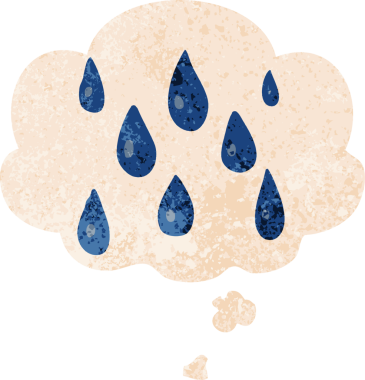 Düşünce baloncuklu çizgi film yağmur damlaları grunge sıkıntılı retro dokuma tarzı bir insan tarafından çizilmiş