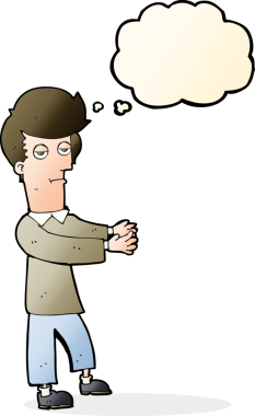 Bir insan tarafından çizilmiş düşünce baloncuğuyla yol gösteren sıkıcı bir çizgi film.