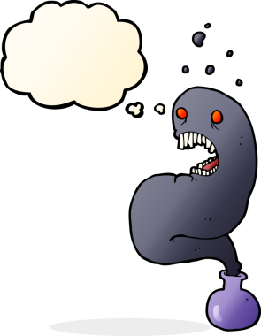 Şişede cadılar bayramı hayaleti ve bir insan tarafından çizilmiş düşünce balonu.