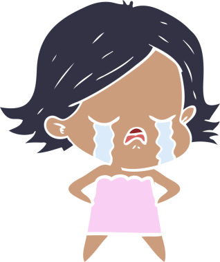 Bir insan tarafından çizilmiş düz renkli çizgi film kızı ağlıyor.