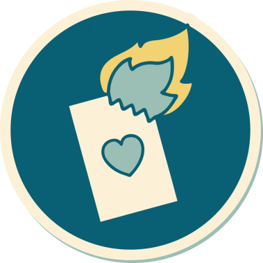 Geleneksel stil dövme çıkartması. Bir insan tarafından çizilmiş alevli kart.