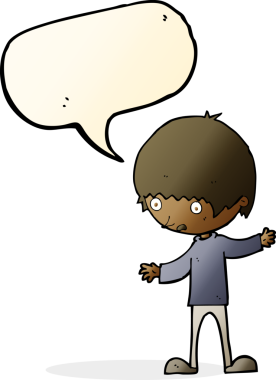 Bir insan tarafından çizilmiş konuşma baloncuğuyla kollarını açmış çizgi film çocuğu.