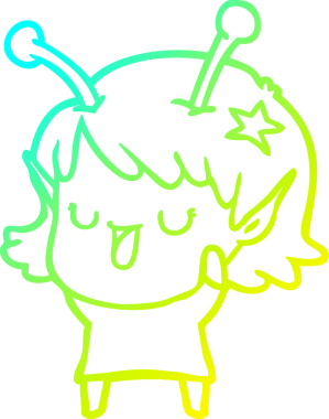 Bir insan tarafından çizilmiş mutlu uzaylı kız çizgi filminin soğuk gradyan çizimi.