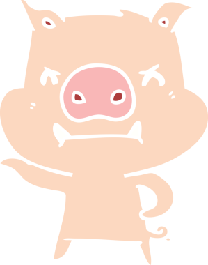 Bir insan tarafından çizilmiş kızgın düz renkli çizgi film domuzu.