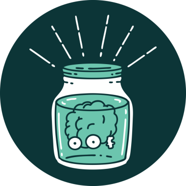 Kavanozda bir insan tarafından çizilmiş dövme stili bir beynin simgesi