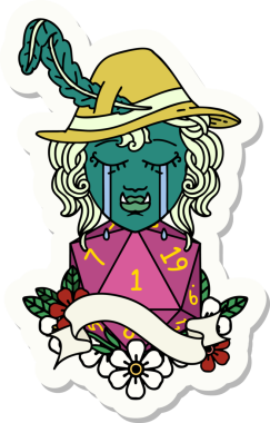 Ağlayan bir ork ozan karakterinin çıkartması. Bir insan tarafından çizilmiş doğal bir D20 rulosu.